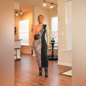 Colorblock Leopard Maxi Dress with Mixed Sleeve Detail